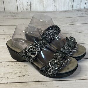 Dansko Black and White Pebble Polka Sophie Wedge Sandal